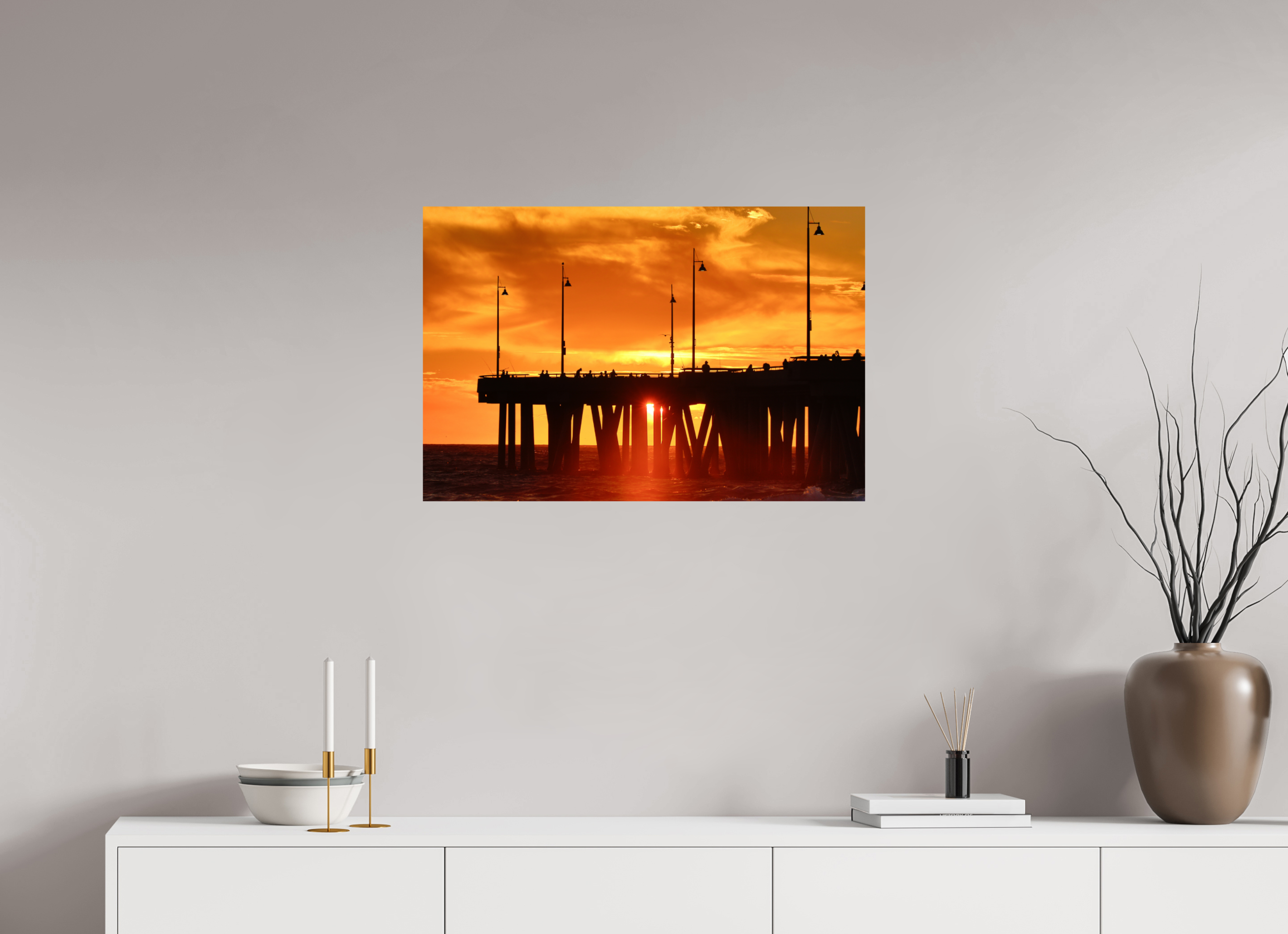 30 x 20″, Metallic Photo Print On Fuji Crystal Pearl Venice Pier Orange Sunset