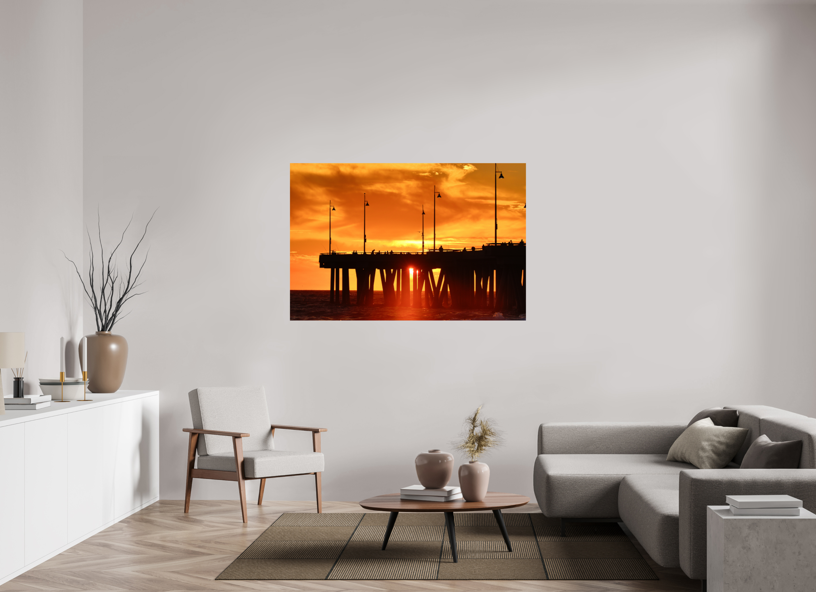 60 x 40″, Metallic Photo Print On Fuji Crystal Pearl Venice Pier Orange Sunset