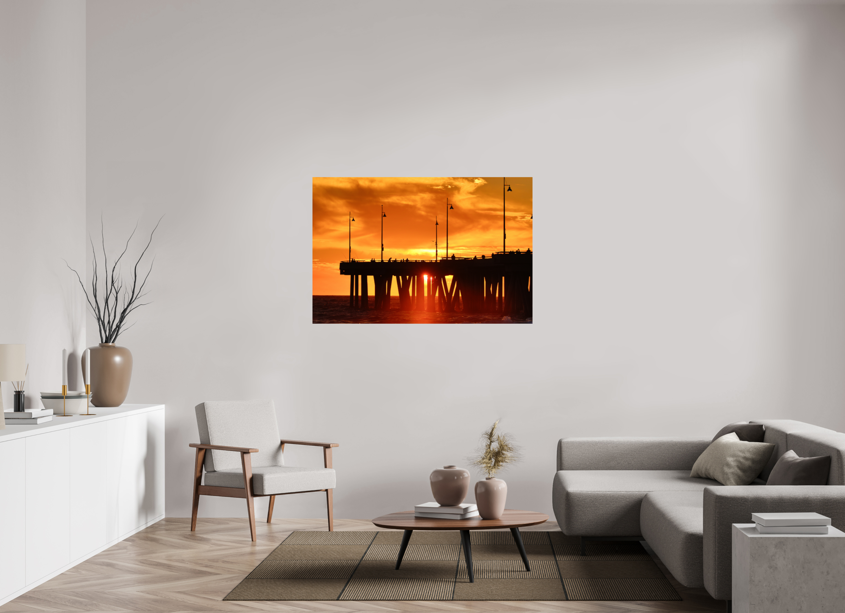 54 x 36″, Metallic Photo Print On Fuji Crystal Pearl Venice Pier Orange Sunset