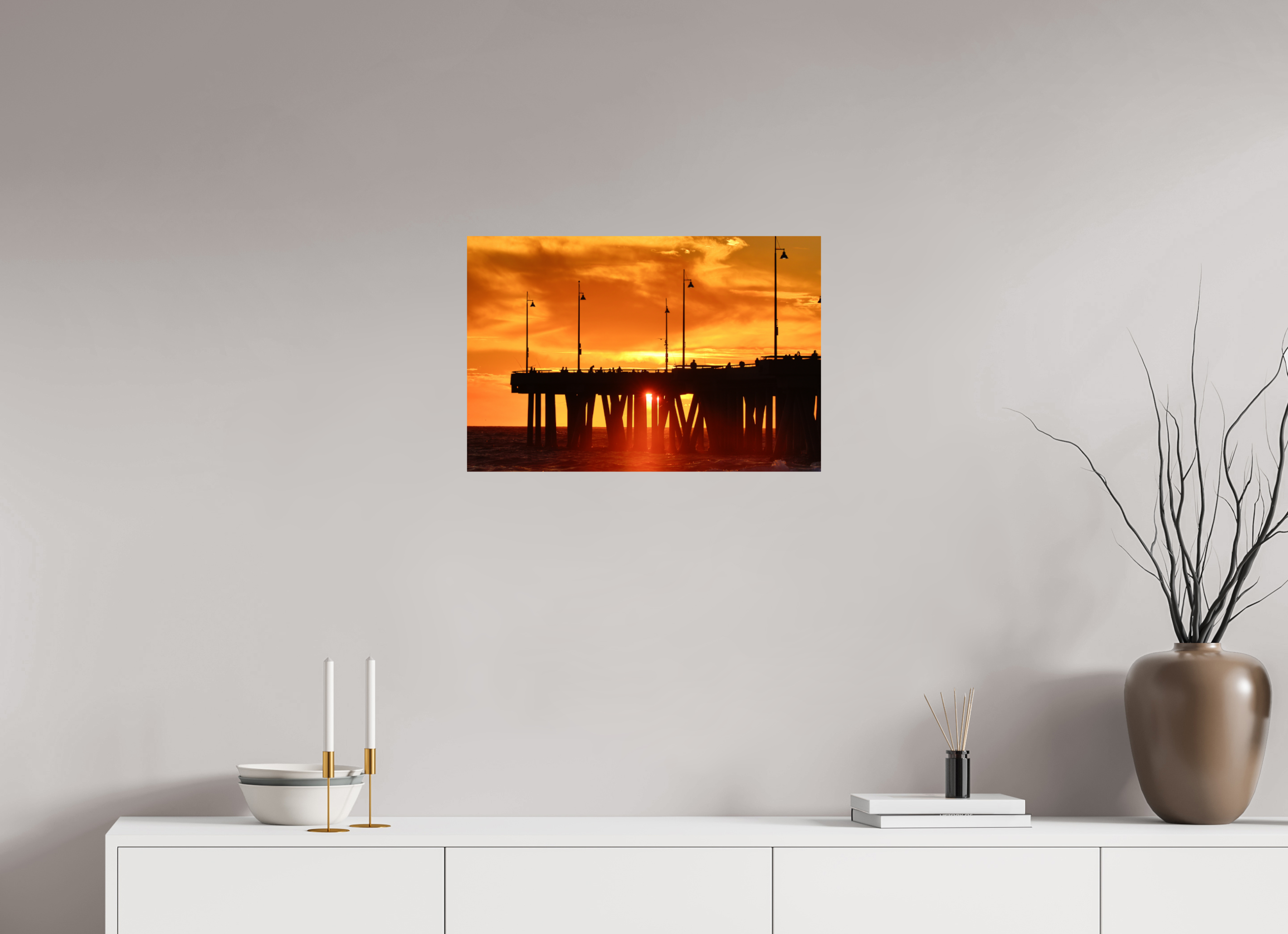 24 x 16″, Metallic Photo Print On Fuji Crystal Pearl Venice Pier Orange Sunset