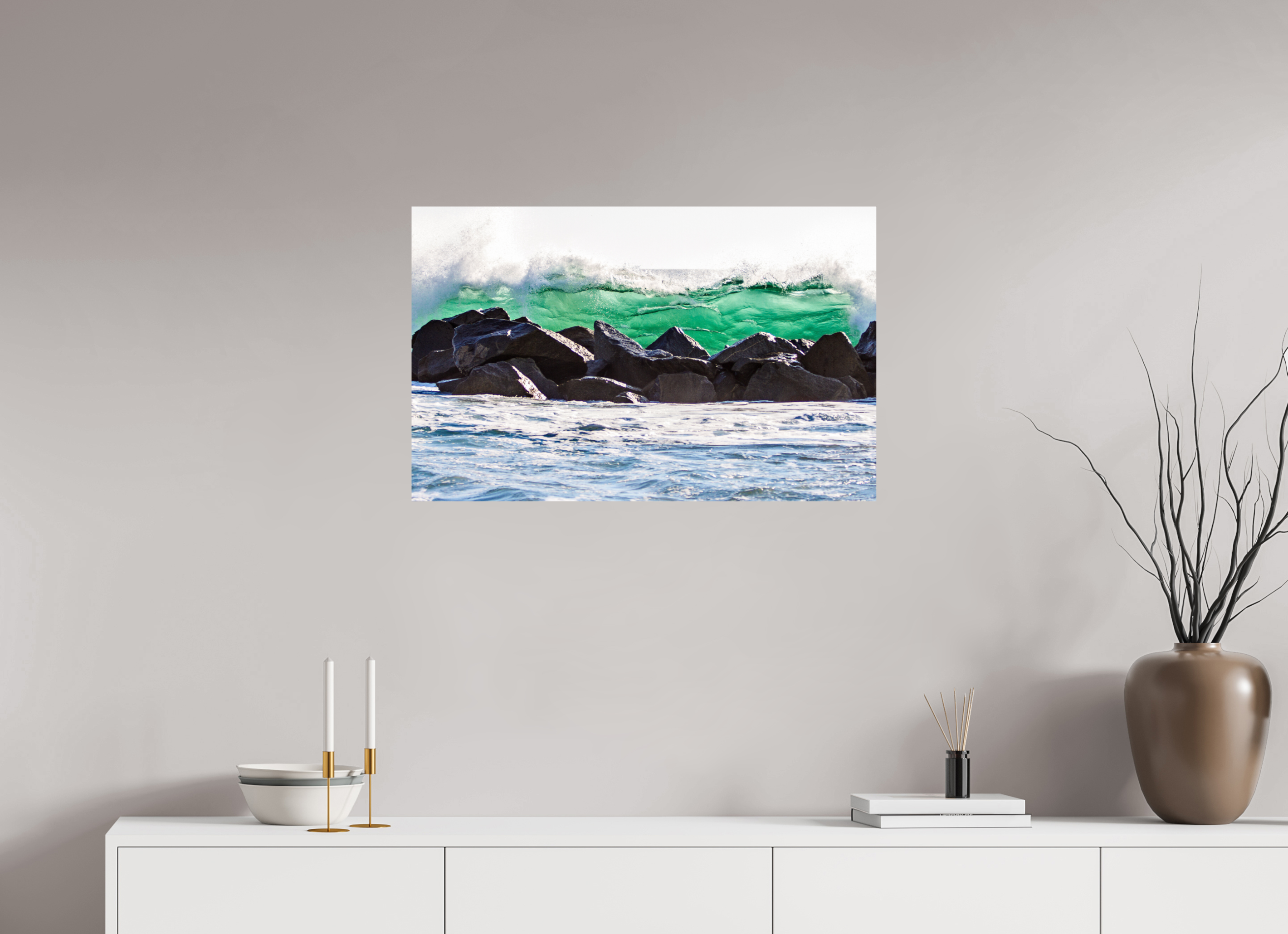 31.5 x 20″, Metallic Photo Print On Fuji Crystal Pearl Breakwater Wave Crashing